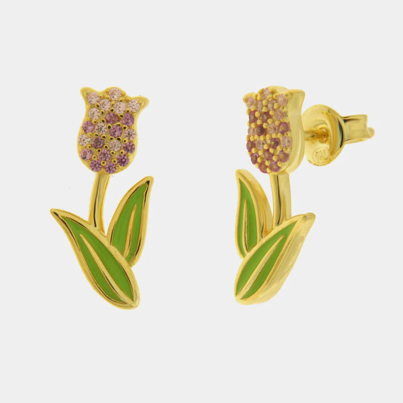 Orecchini in Argento 925 placcati oro tulipano zirconato