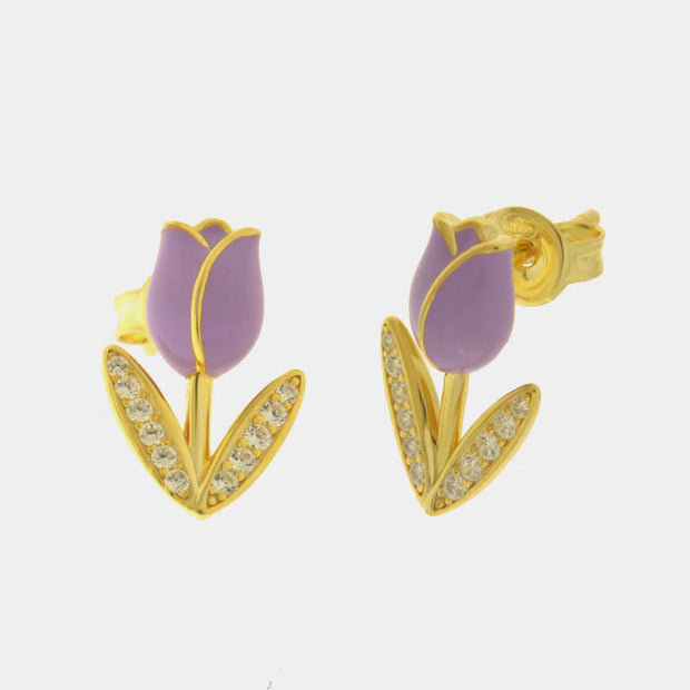 Orecchini in Argento 925 placcati oro con tulipano smaltato lilla e foglie zirconate