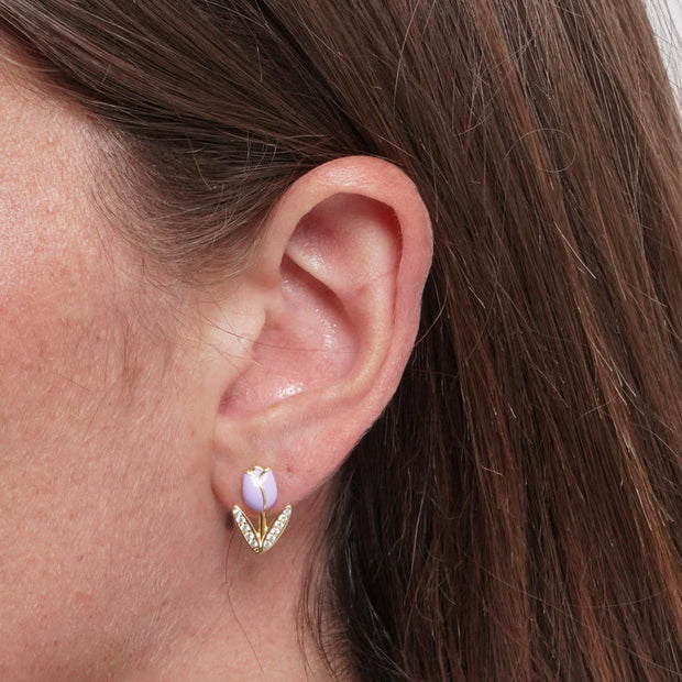 Orecchini in Argento 925 placcati oro con tulipano smaltato lilla e foglie zirconate