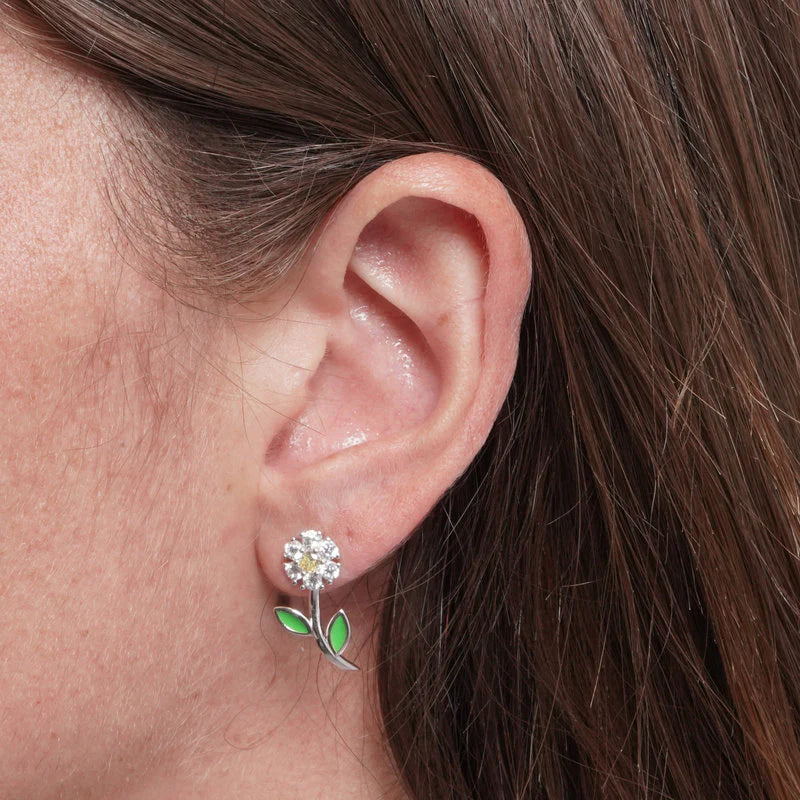 Orecchini in Argento 925 con margherita di zirconi e smalto verde