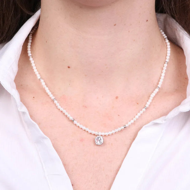 Collana in Argento 925 con perle e quadrato trasparente