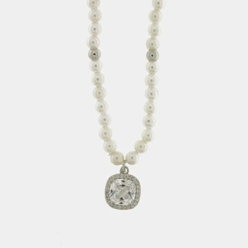Collana in Argento 925 con perle e quadrato trasparente