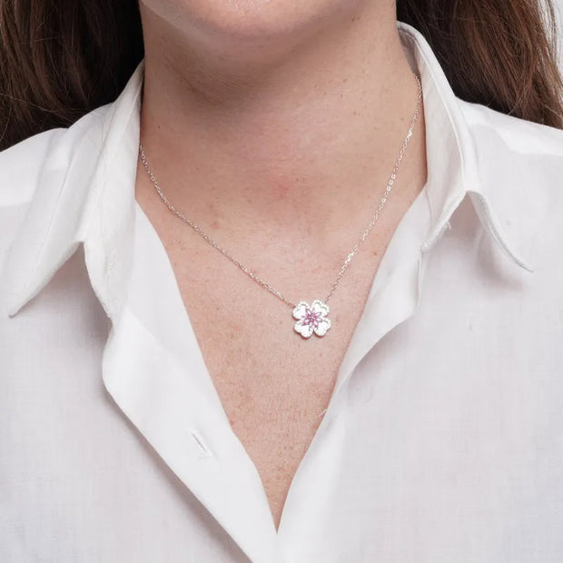 Collana in Argento 925 quadrifoglio in madreperla e fiore centrale rosa