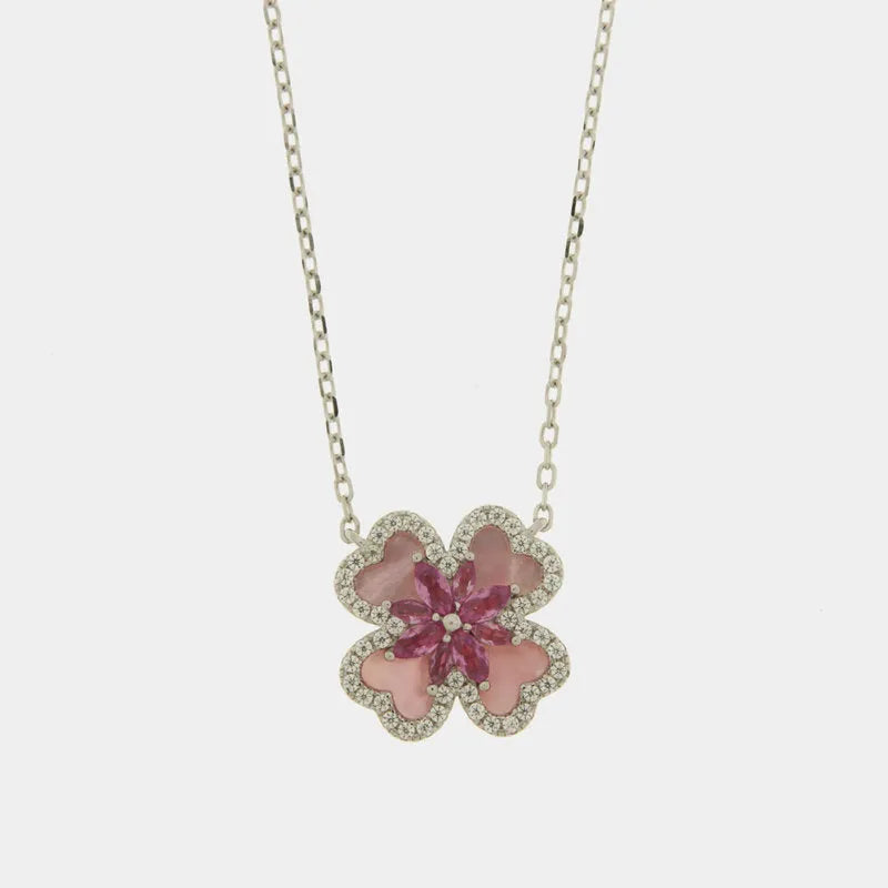 Collana in Argento 925 quadrifoglio in madreperla e fiore centrale rosa