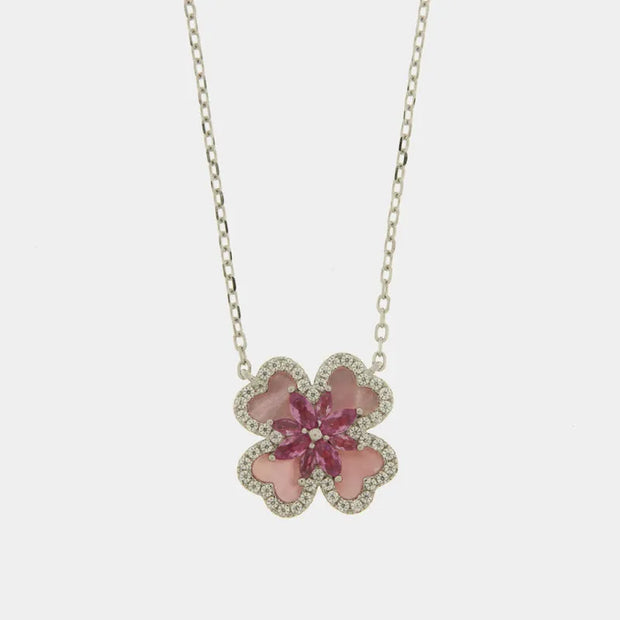 Collana in Argento 925 quadrifoglio in madreperla e fiore centrale rosa