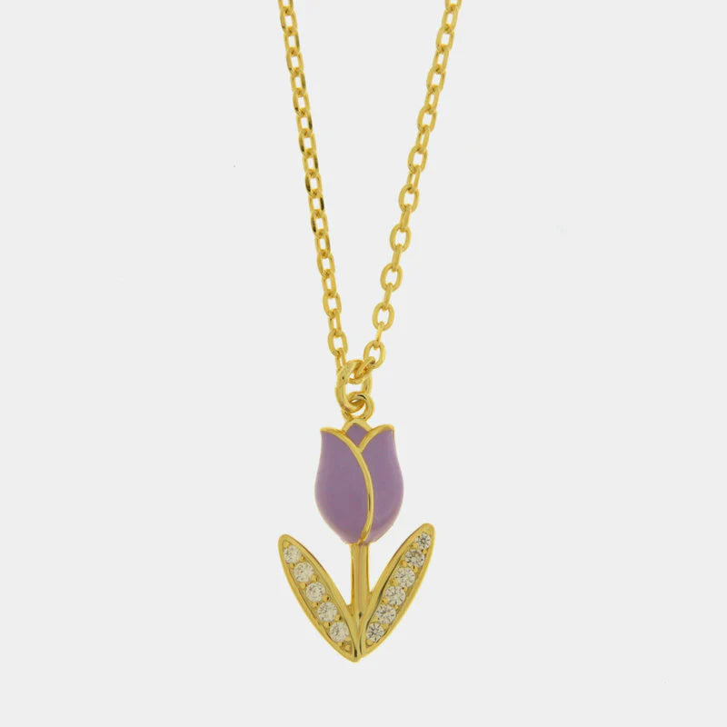 Collana in Argento 925 placcata oro con tulipano smaltato viola