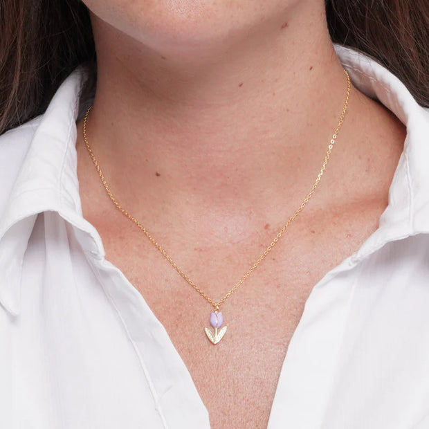 Collana in Argento 925 placcata oro con tulipano smaltato viola