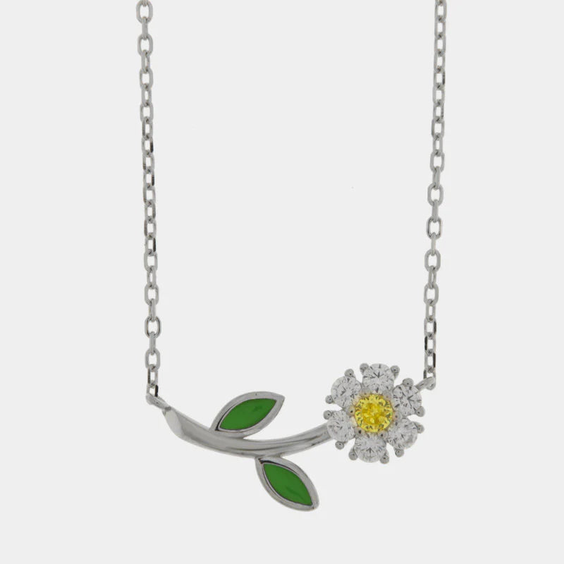 Collana in Argento 925 margherita di zirconi e smalto verde