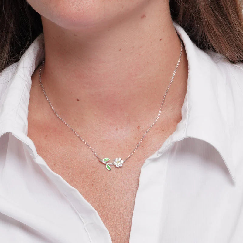 Collana in Argento 925 margherita di zirconi e smalto verde