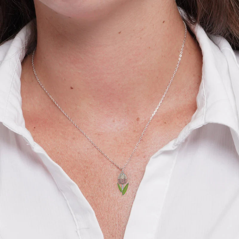 Collana in Argento 925 tulipano zirconato e smalti verdi