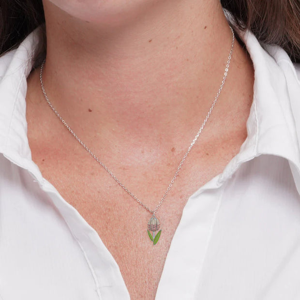 Collana in Argento 925 tulipano zirconato e smalti verdi