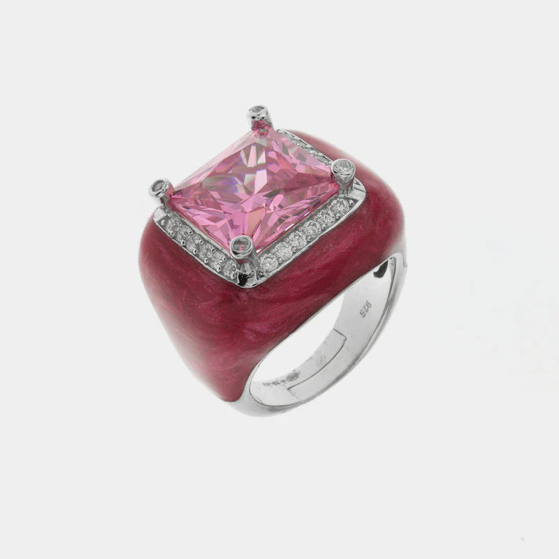 Anello in Argento 925 smaltato rosa con grande zircone centrale rosa impreziosito da zirconi bianchi