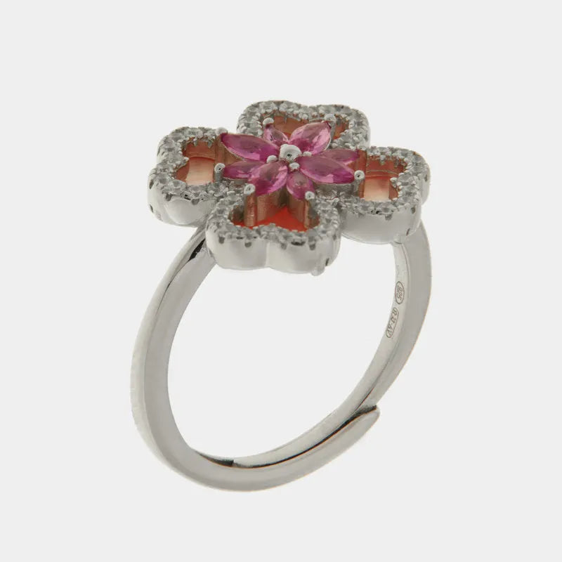 Anello in Argento 925 quadrifoglio in madreperla e fiore centrale rosa
