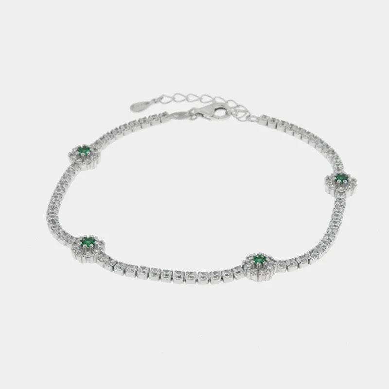 Bracciale in Argento 925 rodiati con fiori verdi e zirconi