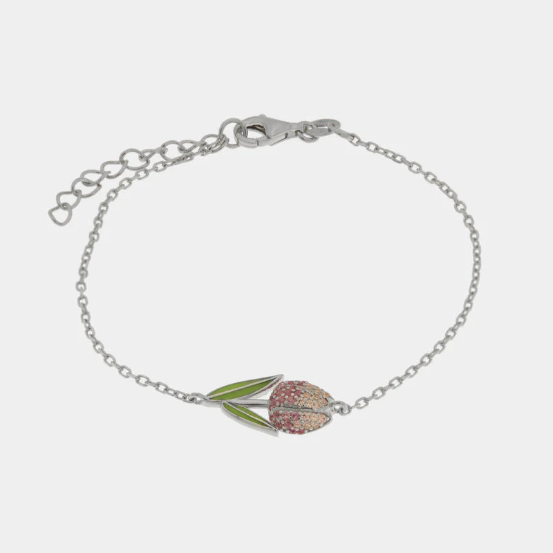 Bracciale in Argento 925 tulipano viola di zirconi e smalto verde