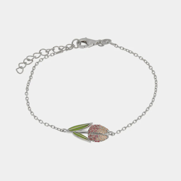 Bracciale in Argento 925 tulipano viola di zirconi e smalto verde