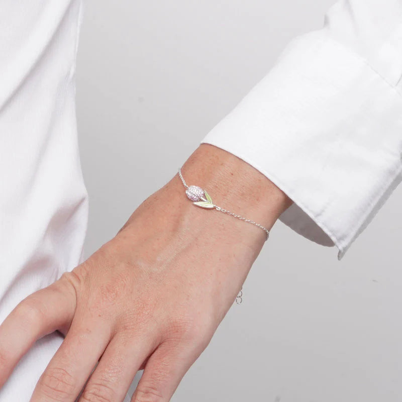 Bracciale in Argento 925 tulipano viola di zirconi e smalto verde