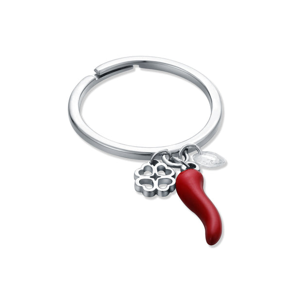 Anello donna con cornetto e quadrifoglio pendenti