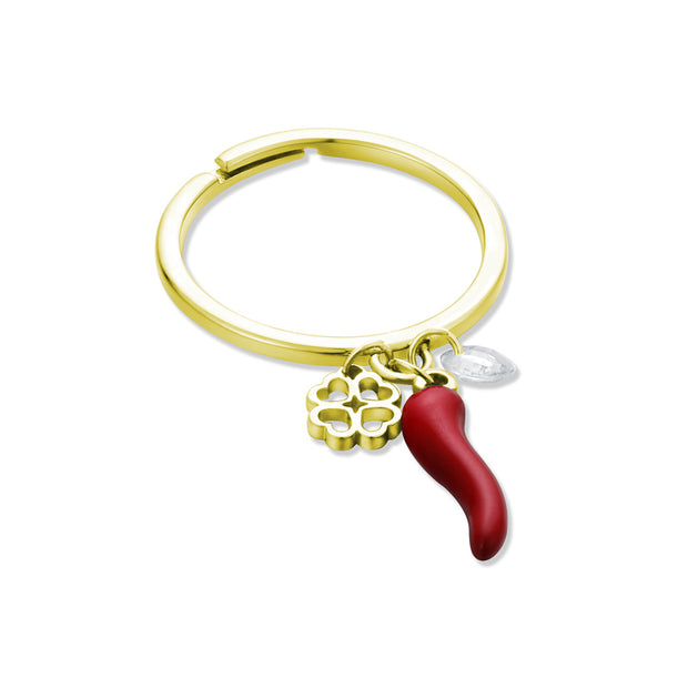 Anello donna regolabile con cornetto e quadrifoglio pendenti regolabile