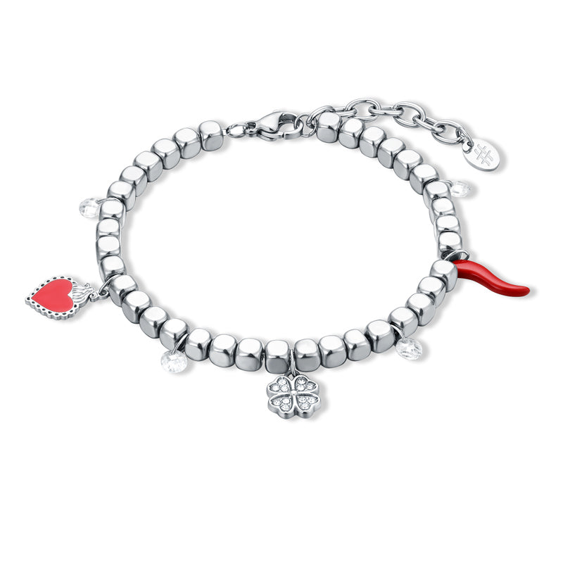 Bracciale donna con cuore quadrifoglio e cornetto