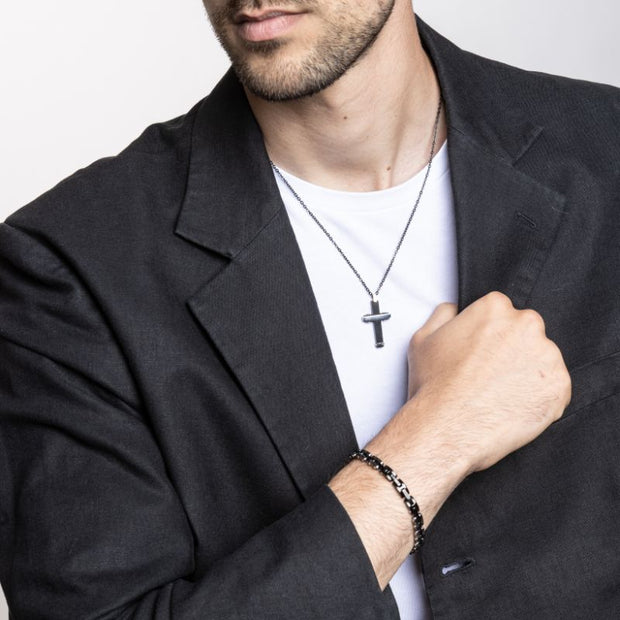 Collana uomo croce ematite rodiata e nero