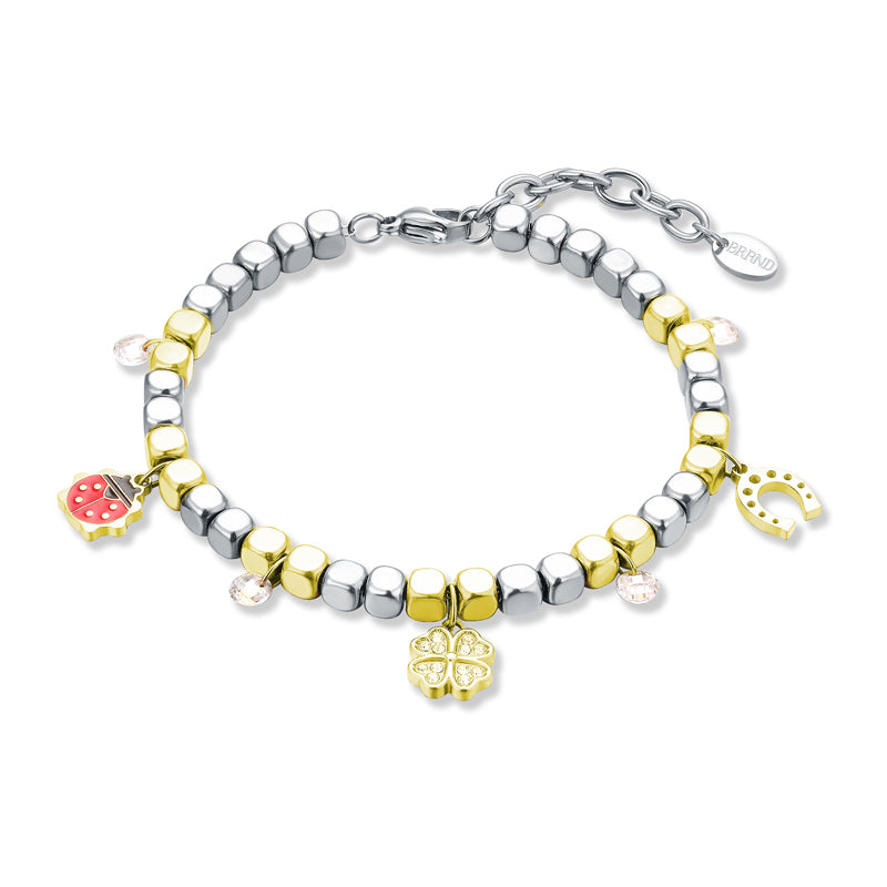 Bracciale donna ferro di cavallo quadrifoglio e coccinella color oro e acciaio