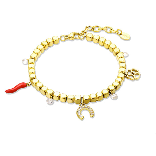 Bracciale donna ferro di cavallo quadrifoglio e cornetto color oro