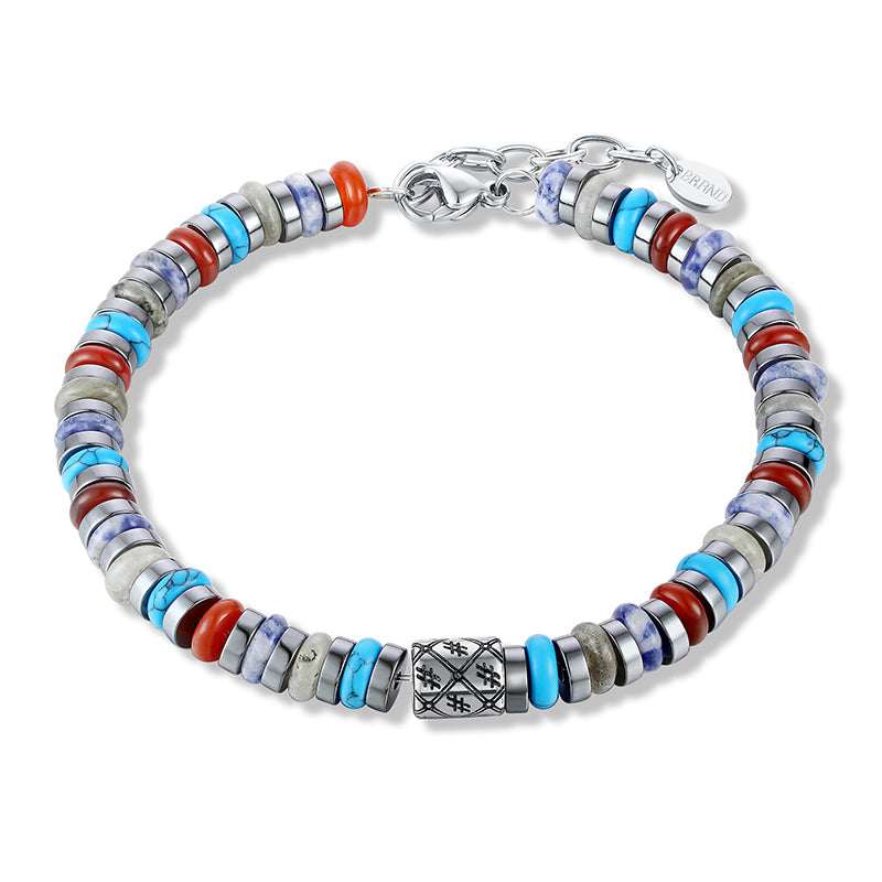 Bracciale con pietre azzurre, rosse e grigie ed ematite scura