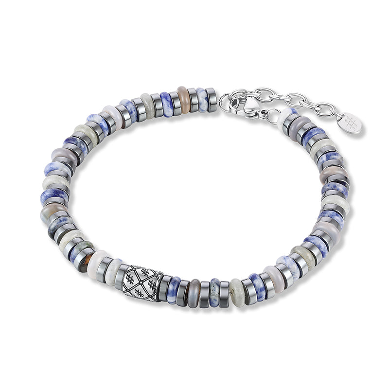 Bracciale con pietre blu chiaro e grigie ed ematite scura