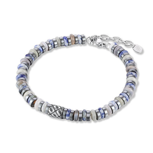 Bracciale con pietre blu chiaro e grigie ed ematite scura