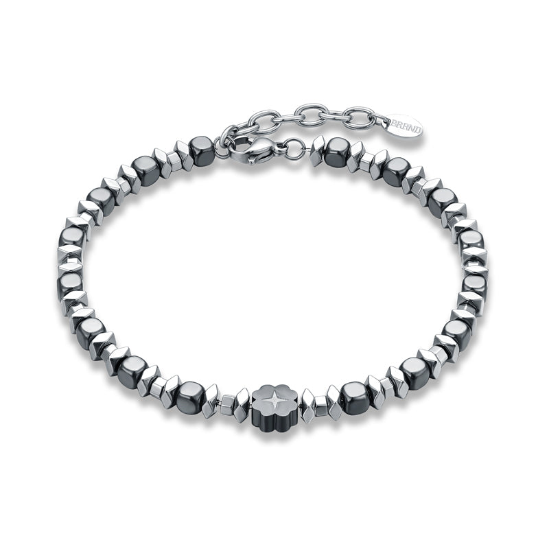Bracciale uomo in acciaio ed ematite con quadrifoglio