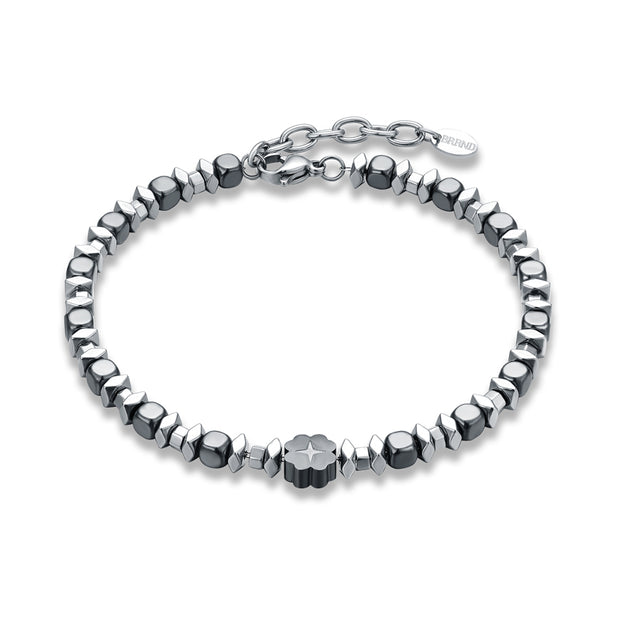 Bracciale uomo in acciaio ed ematite con quadrifoglio