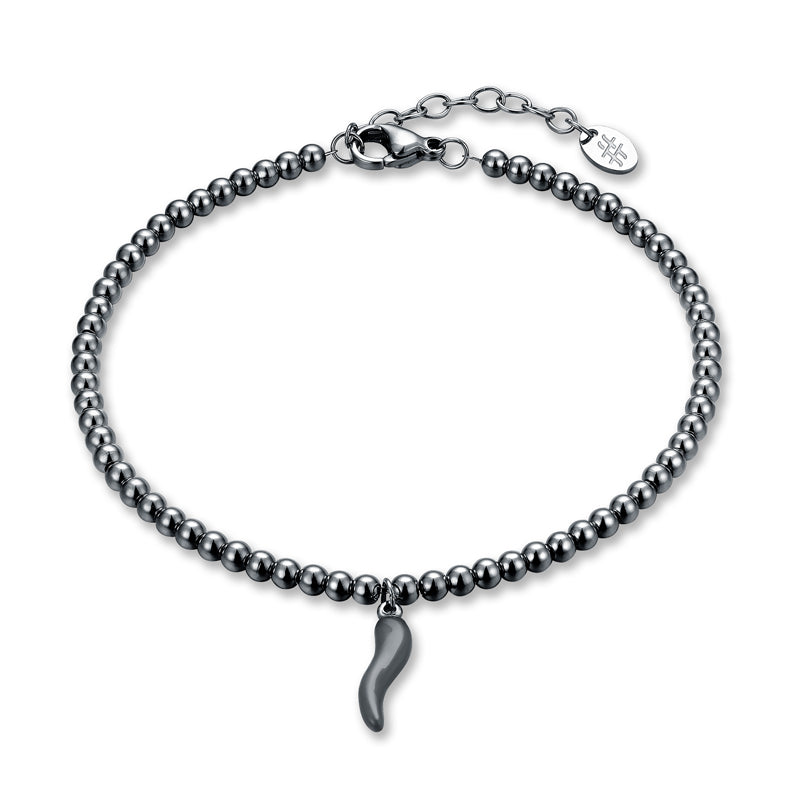 Bracciale uomo a sfere con charm cornetto nero