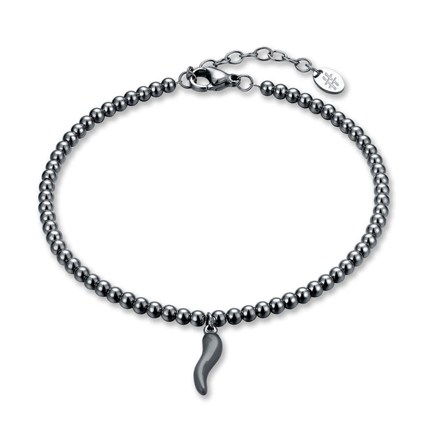 Bracciale uomo a sfere con charm cornetto nero