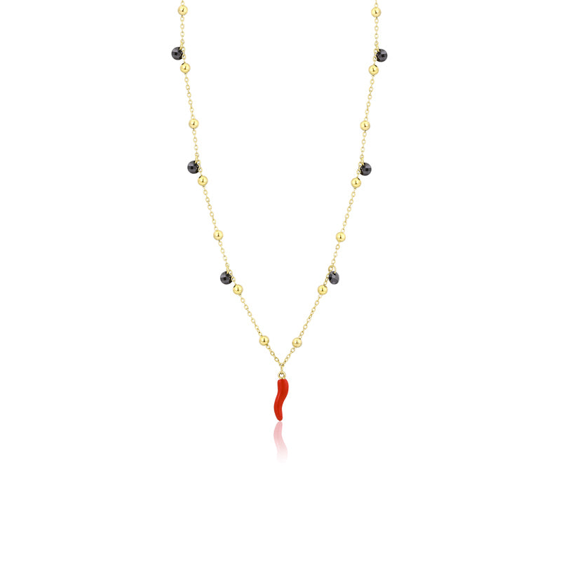 Collana donna oro con cornetto e cristalli neri