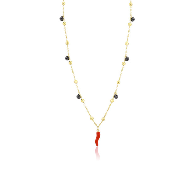 Collana donna oro con cornetto e cristalli neri