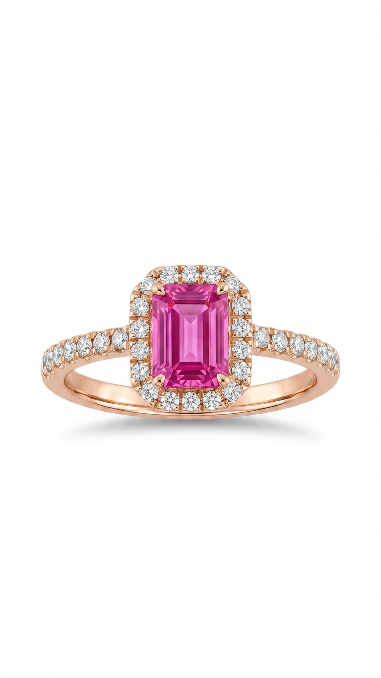 Anello in oro rosa 18 kt con zaffiro rosa e diamanti