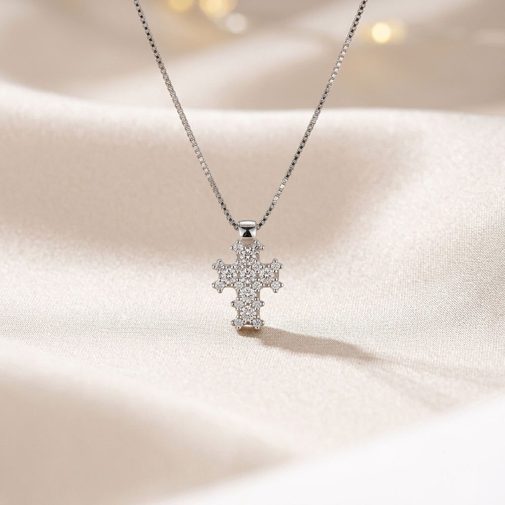 Collana in oro bianco 18 kt con pendente a forma di croce e diamanti