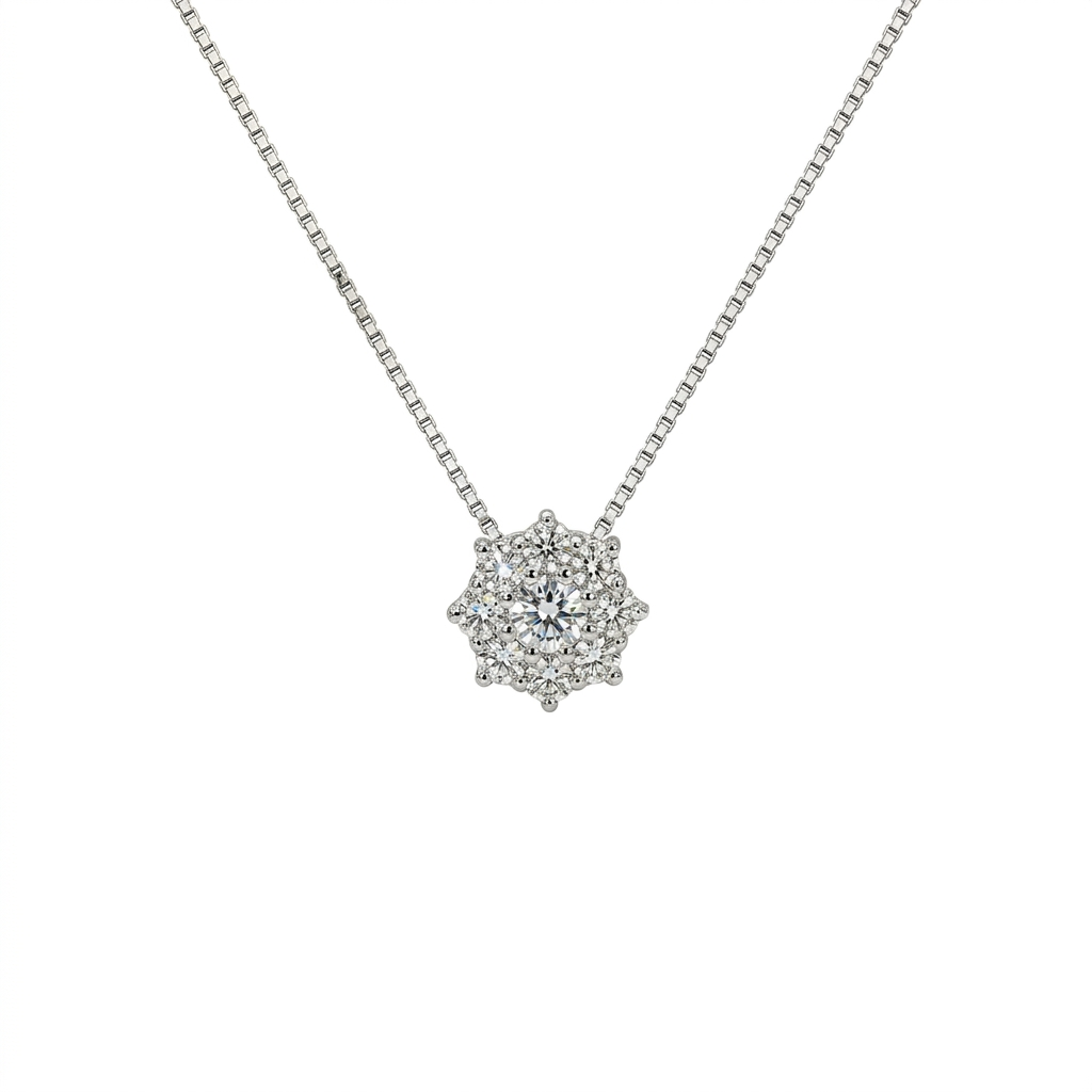 Collana in oro bianco 18 kt con elegante pendente a forma di fiore e diamanti