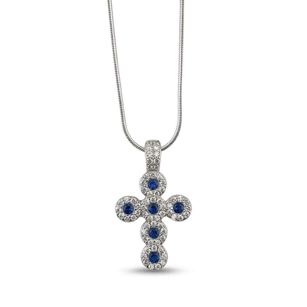 Collana in argento 925% con pendente a forma di croce con zirconi