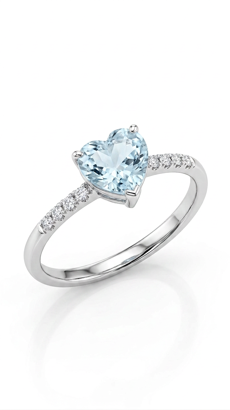Anello con acquamarina taglio a cuore in oro bianco 18 kt