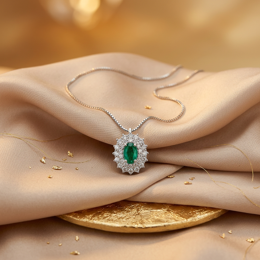 Collana con smeraldo e diamanti in oro bianco 750%