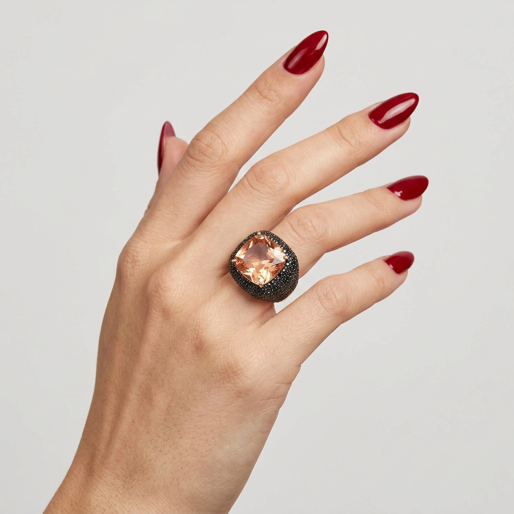 Anello in Argento 925 con grande zircone centrale color champagne con pavè di zirconi neri