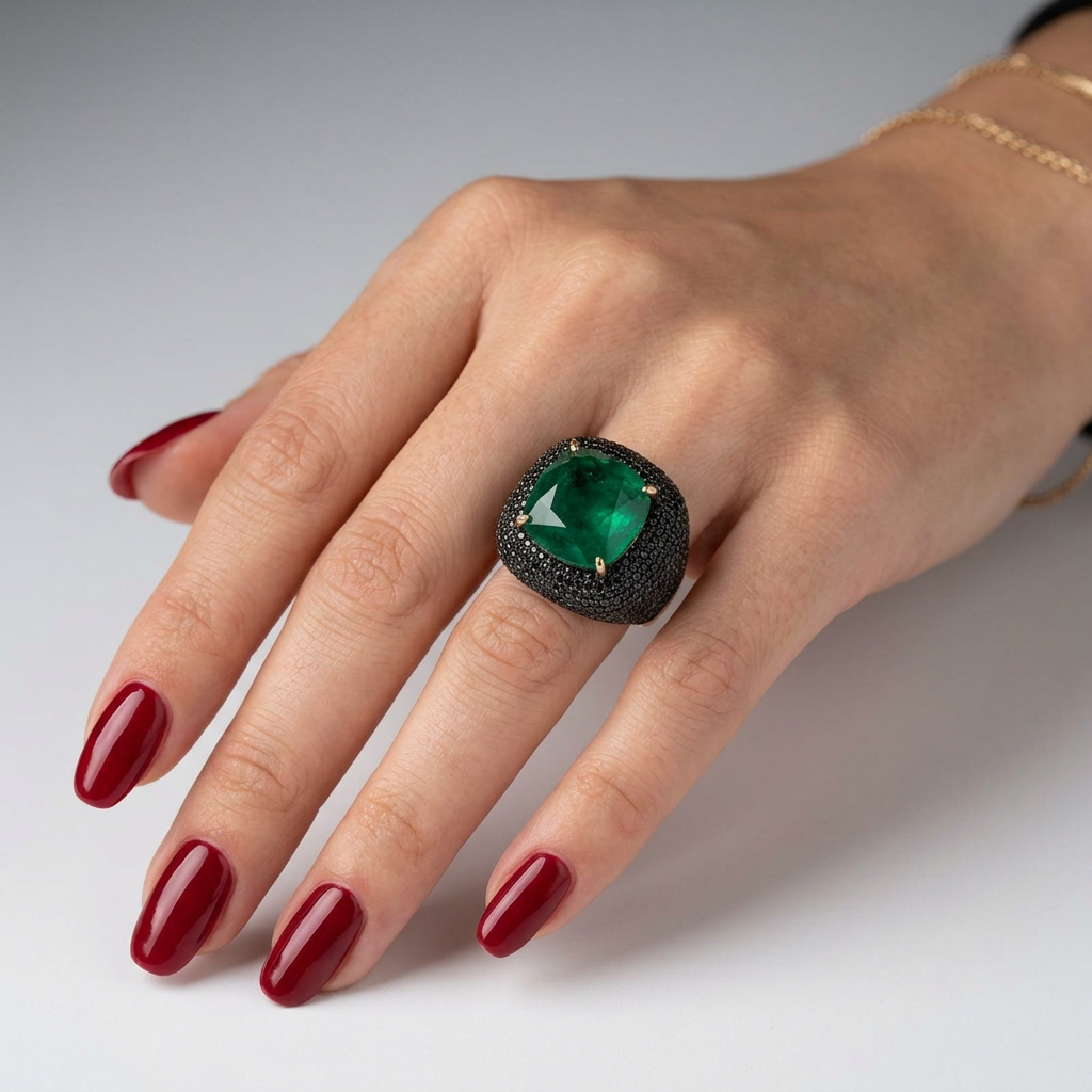Anello in Argento 925 con grande zircone centrale verde impreziosito da zirconi neri