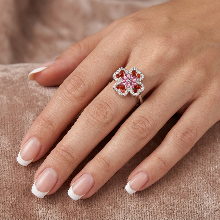 Anello in Argento 925 quadrifoglio in madreperla e fiore centrale rosa