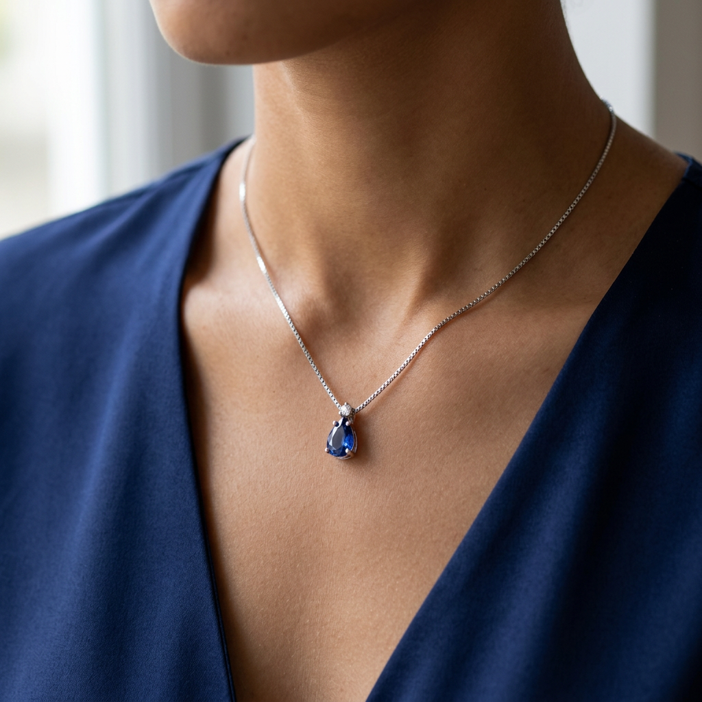 Collana in oro bianco 18 kt con zaffiro a goccia e diamante