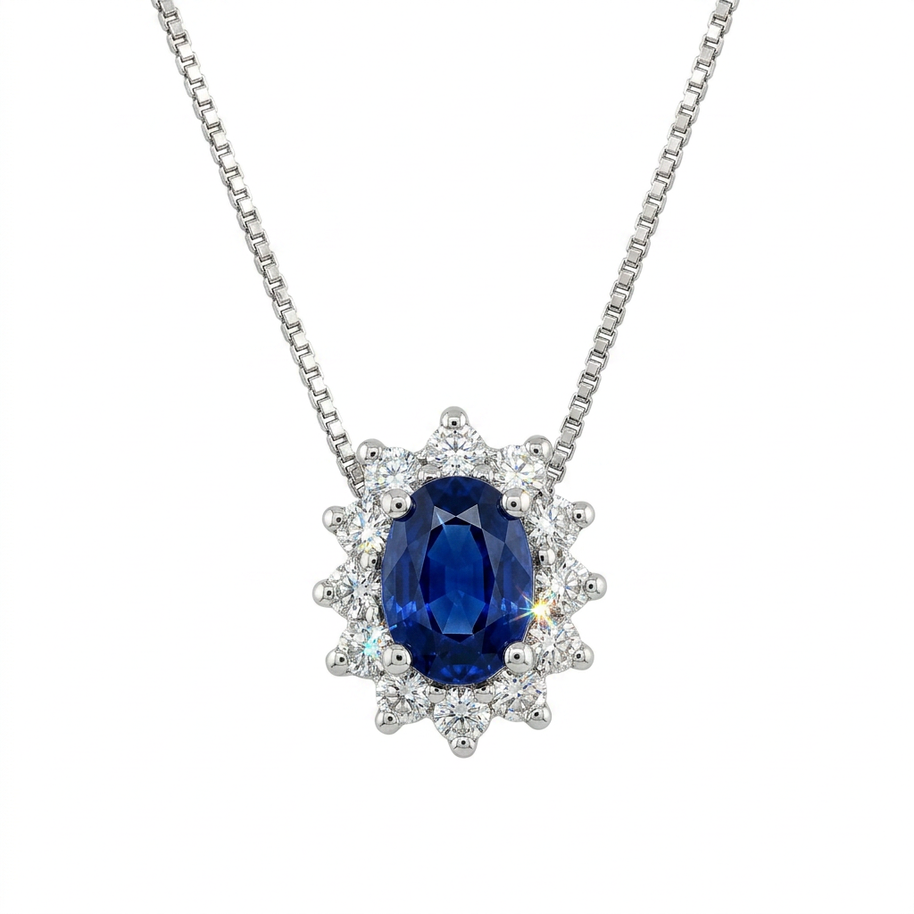 Collana in oro bianco 18 kt con zaffiro blu scuro dal taglio ovale e diamanti