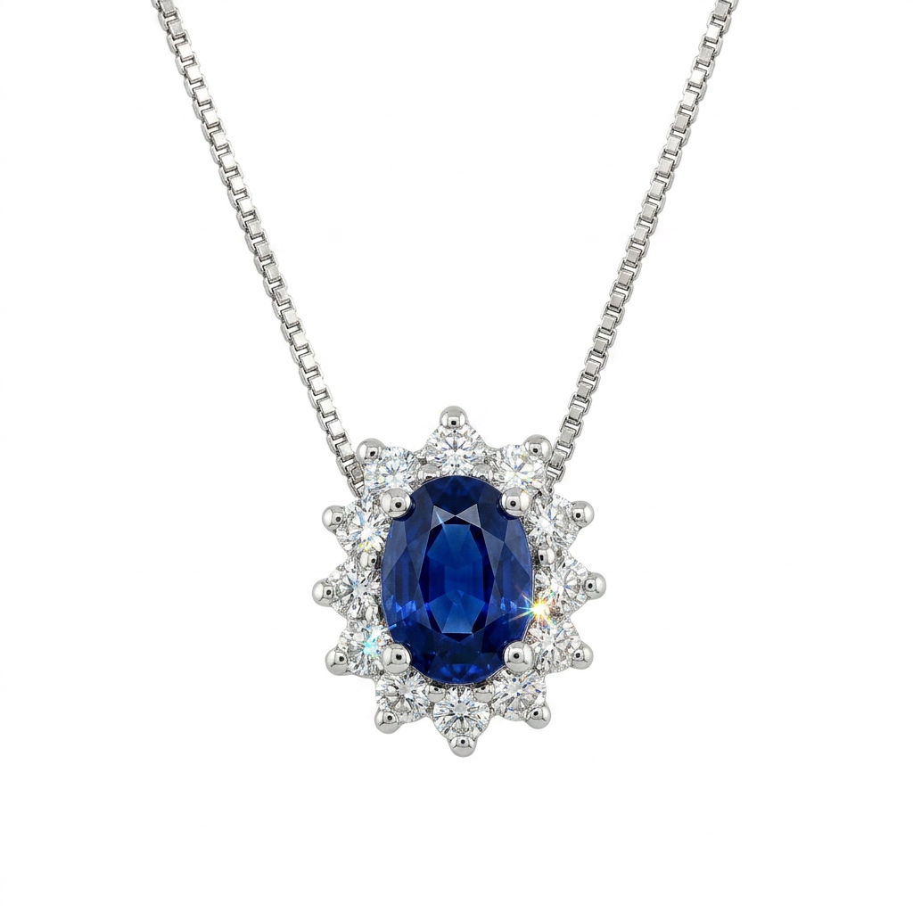 Collana in oro bianco 18 kt con zaffiro blu scuro dal taglio ovale e diamanti