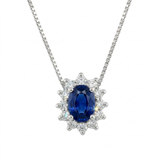 Collana in oro bianco 18 kt con zaffiro blu scuro dal taglio ovale e diamanti