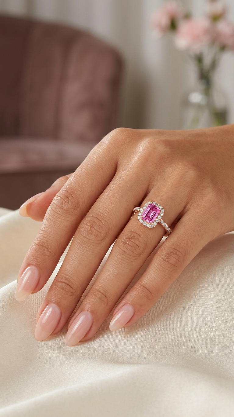 Anello in oro rosa 18 kt con zaffiro rosa e diamanti